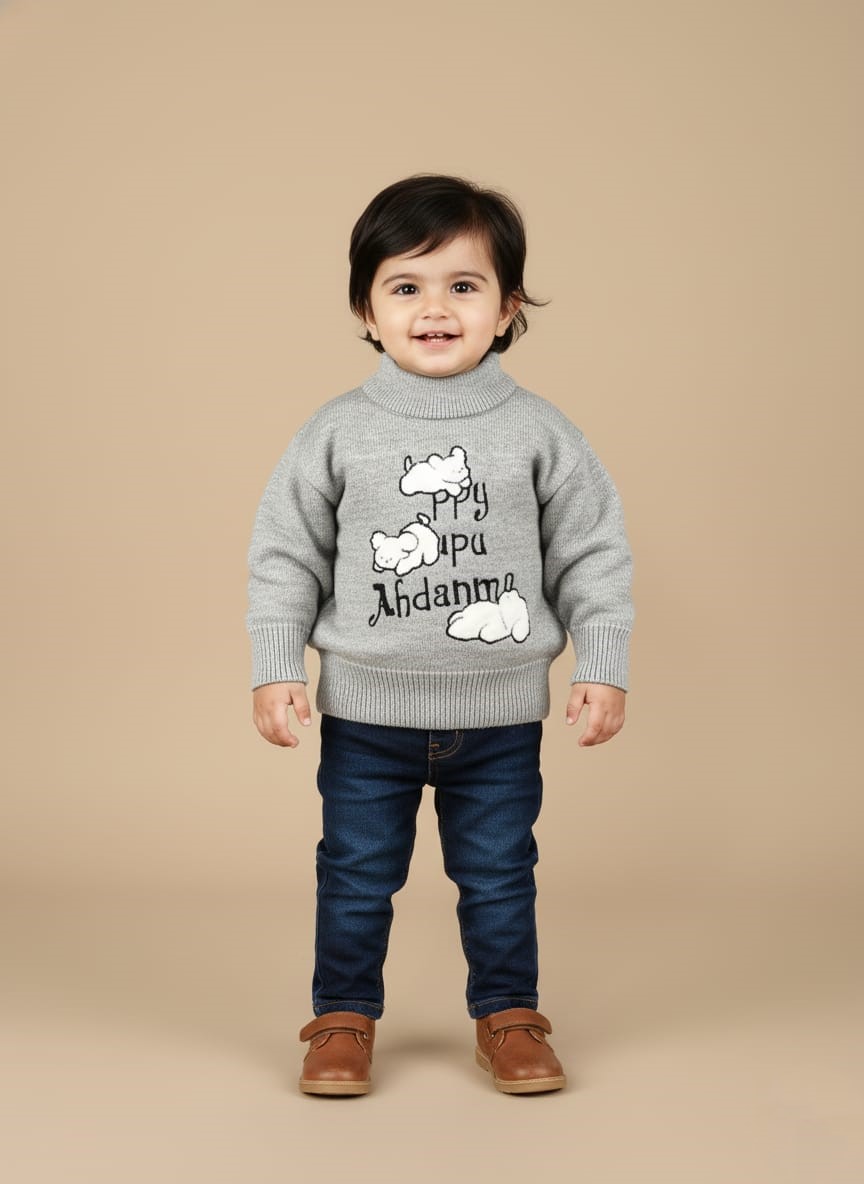 Grey Toddler Graphic Sweater | Kids Mock Neck Knitwear | Fun Design Happy toddler boy or girl in a grey mock neck sweater with a "Happy Pupu Andamma" graphic and white clouds, blue jeans, and brown shoes.