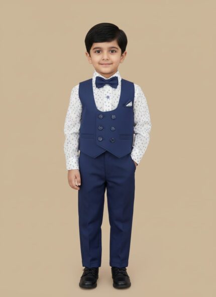 Full-length image of a young boy wearing a formal navy blue Kids Blue Suit Set with a white printed shirt and bow tie, standing against a beige background.