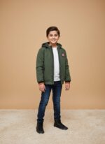 Kids Hooded Jacket - Olive Green Winter Coat with Orange Trim