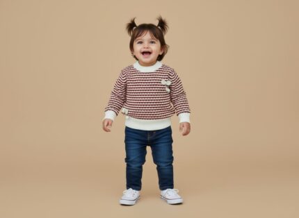 Joyful toddler girl smiling in a red and cream striped sweater with small bows, blue jeans, and white canvas shoes.