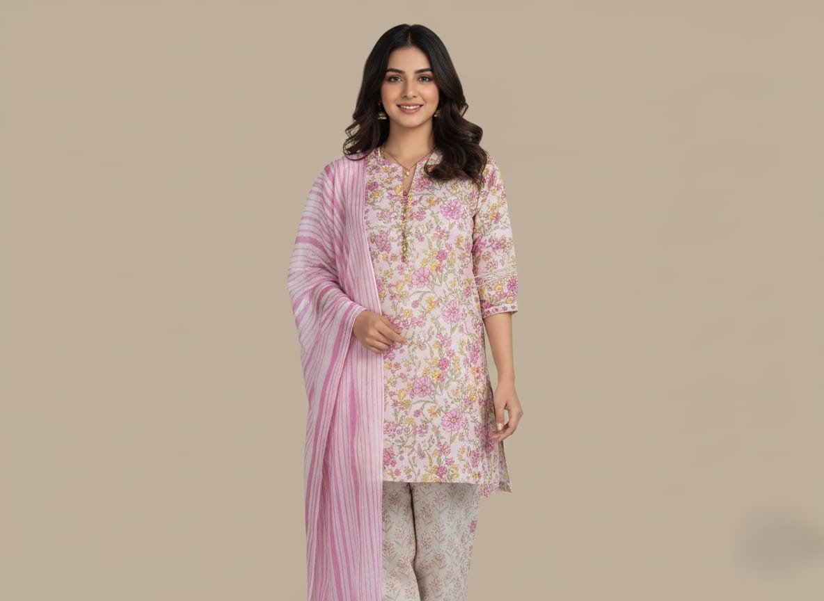 Women's Floral Suit | Pink Printed Tunic Set 2 Full-length image of a smiling woman wearing a light pink Women's Floral Suit with a floral printed tunic, patterned trousers, and a pink and white striped dupatta, standing against a beige background.