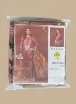 Full-length image of a woman wearing a magenta and beige Women's Printed Suit with intricate traditional prints on the tunic and dupatta, paired with beige trousers, holding a white clutch. She is wearing gold jewelry.