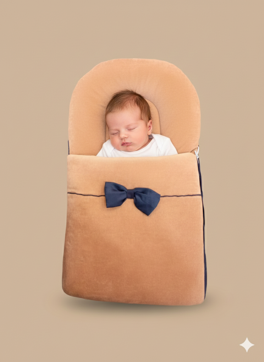 Baby Sleeping Bag Brown velour baby sleeping bag with stitched finish Newborn winter sleeping bag front view Soft padded baby sleeping bag for cold weather Unisex baby sleep bag with cozy design Warm velour sleeping bag for newborn comfort Baby Sleeping Bag
