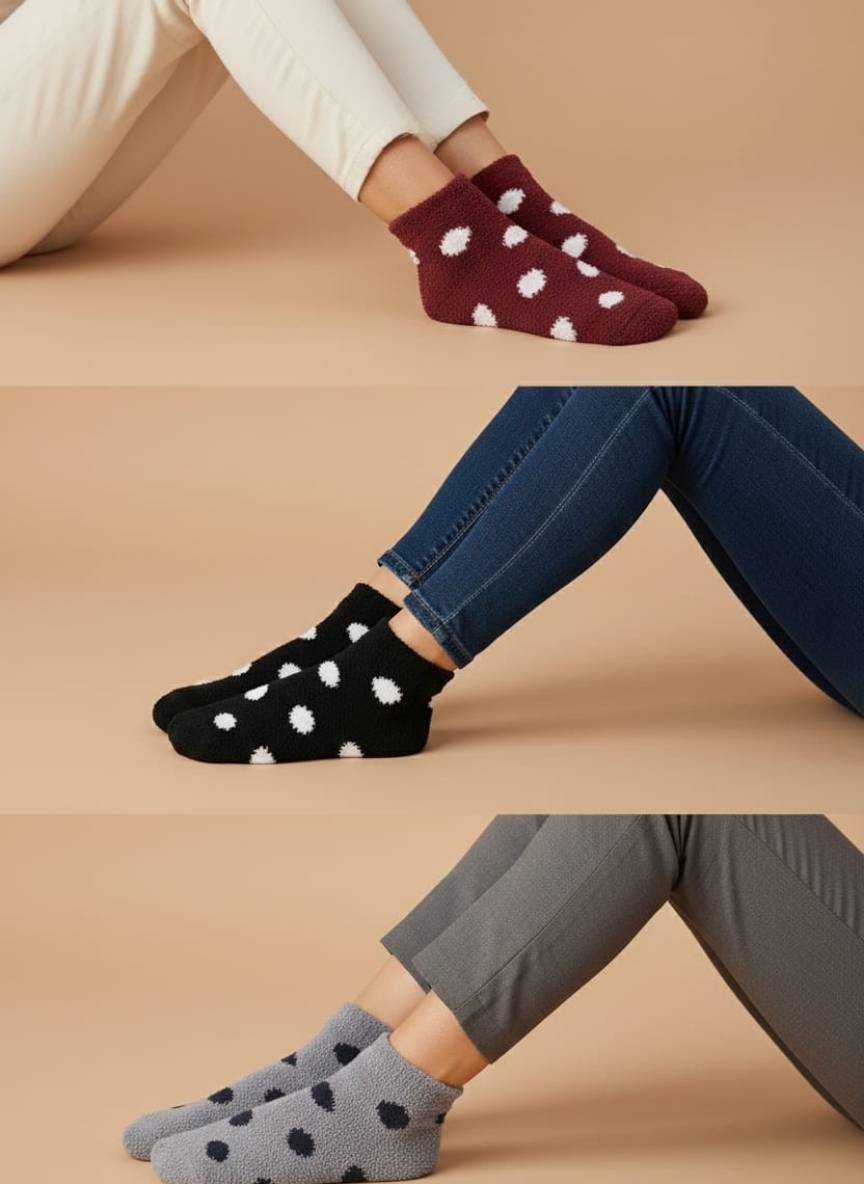 4-Pack Fuzzy Polka Dot Socks - Cozy Ankle Slipper Socks Four pairs of super-soft, ankle-length Fuzzy Polka Dot Socks arranged vertically; colors include maroon, black, light pink, and grey.