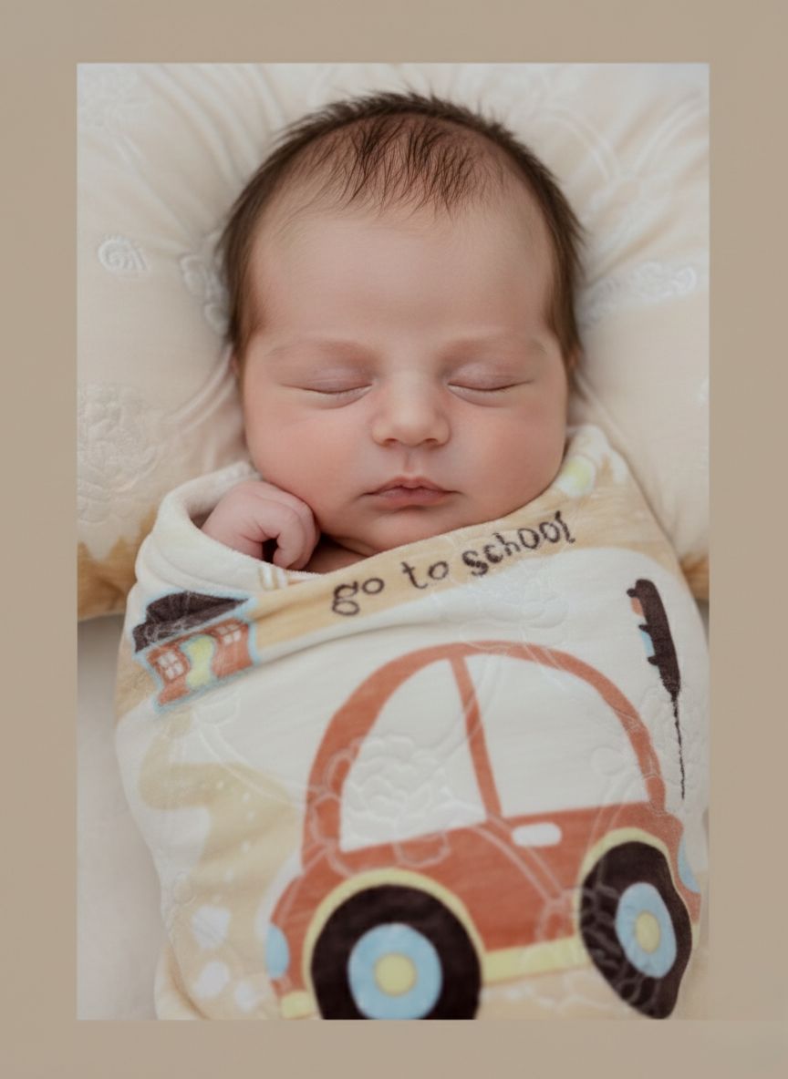 Ultra-plush Flannel Soft Baby Blanket with red car and "Bear go to school" graphic.