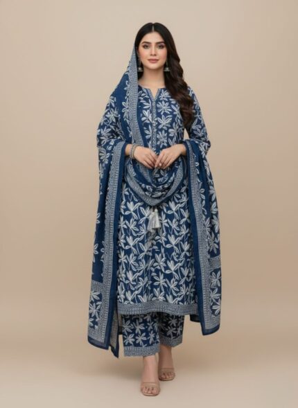 Bin Saeed 3-piece unstitched Khaddar suit for women in white and blue floral print, laid flat. Detail view of the front of the unstitched Khaddar shirt showing the white and blue printed design and neck embroidery/trim. Folded blue printed Khaddar trousers and the matching dupatta of the 3-piece unstitched suit. Close-up shot of the Khaddar fabric texture and the clear white and blue printing detail. Full view of the unstitched Khaddar dress material (shirt, trousers, dupatta) arranged on a flat surface. 3 piece unstitched Khaddar Suit by Bin Saeed