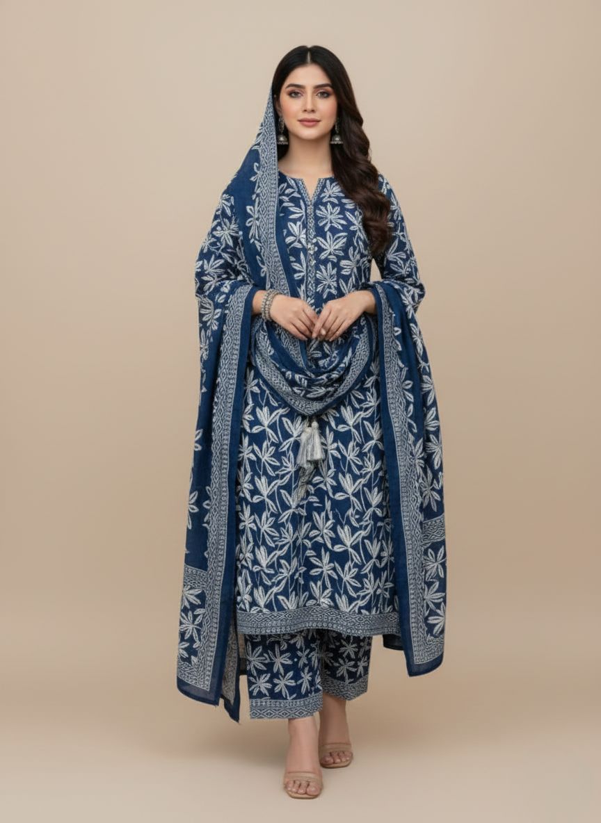 3 piece unstitched Khaddar Suit by Bin Saeed | Winter Wear Bin Saeed 3-piece unstitched Khaddar suit for women in white and blue floral print, laid flat. Detail view of the front of the unstitched Khaddar shirt showing the white and blue printed design and neck embroidery/trim. Folded blue printed Khaddar trousers and the matching dupatta of the 3-piece unstitched suit. Close-up shot of the Khaddar fabric texture and the clear white and blue printing detail. Full view of the unstitched Khaddar dress material (shirt, trousers, dupatta) arranged on a flat surface. 3 piece unstitched Khaddar Suit by Bin Saeed