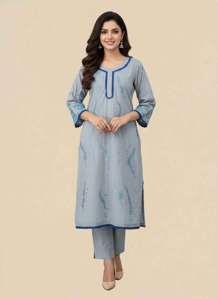 Women's stitched hand painted cotton shirt in grey with blue motifs Detailed view of hand painted floral art on summer cotton fabric Pakistani model wearing grey 2-piece stitched cotton suit Gelani's branded hand painted cotton trousers and shirt set Close-up of neckline design on stitched cotton suit for women stitched hand painted cotton suit