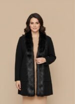 White lamb wool sweater with fur trim front view Black stitched winter cardigan for women by Gelani's Light skin color wool sweater for Pakistani winter Dark brown lamb wool sweater displayed on blue background Close-up of premium lamb wool fabric and stitching details Lamb wool sweater