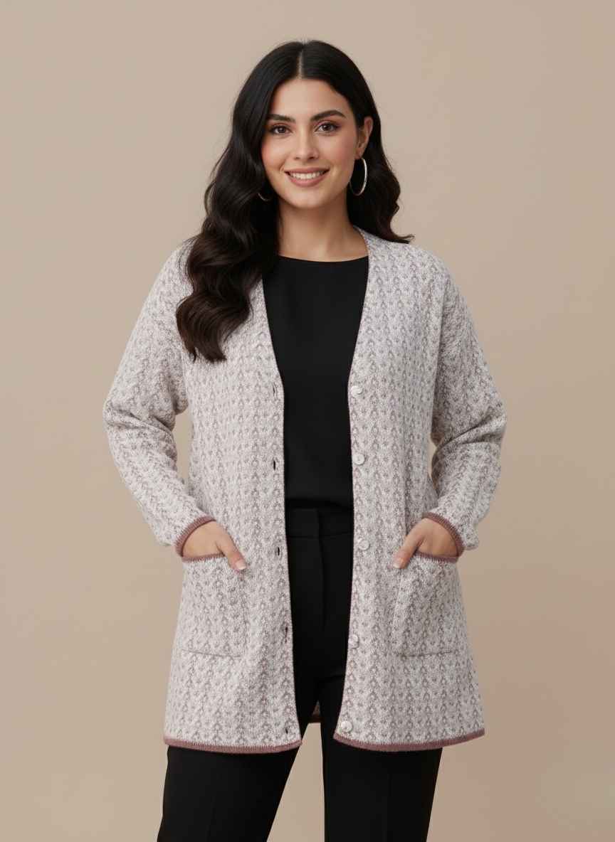 Women's light pink rabbit wool sweater with button front and pockets Off-white stitched winter cardigan for women by Gelani's Close up of embossed knit pattern on black rabbit wool sweater Skin colored free size winter sweater for women Pakistan Gelani's premium rabbit wool sweater in light skin shade front view Rabbit wool sweater