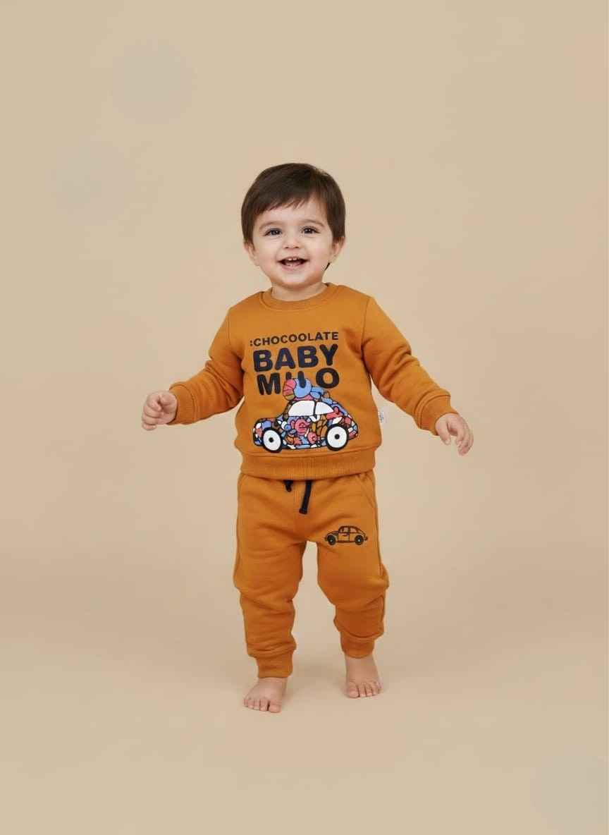 Flat lay of beige Kids Bear Print Tracksuit set, showing sweater with football bear and matching joggers.