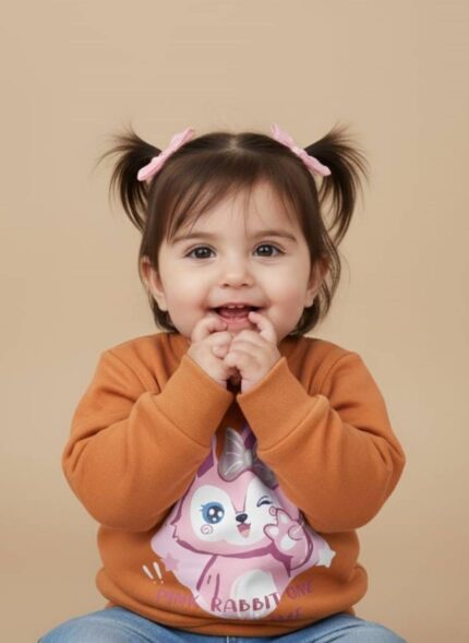 A comfortable, earth-tone kids character sweater with long sleeves, showcasing a large, colorful graphic print of a pink winking bunny character inside a heart with stars.