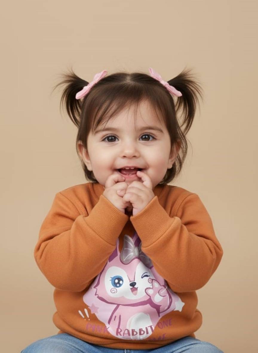 Kids Character Sweater - Warm Graphic Pullover for Children A comfortable, earth-tone kids character sweater with long sleeves, showcasing a large, colorful graphic print of a pink winking bunny character inside a heart with stars.