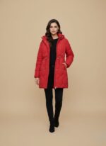 Red winter coat for women with hood, quilted design, long sleeves, and adjustable waist.