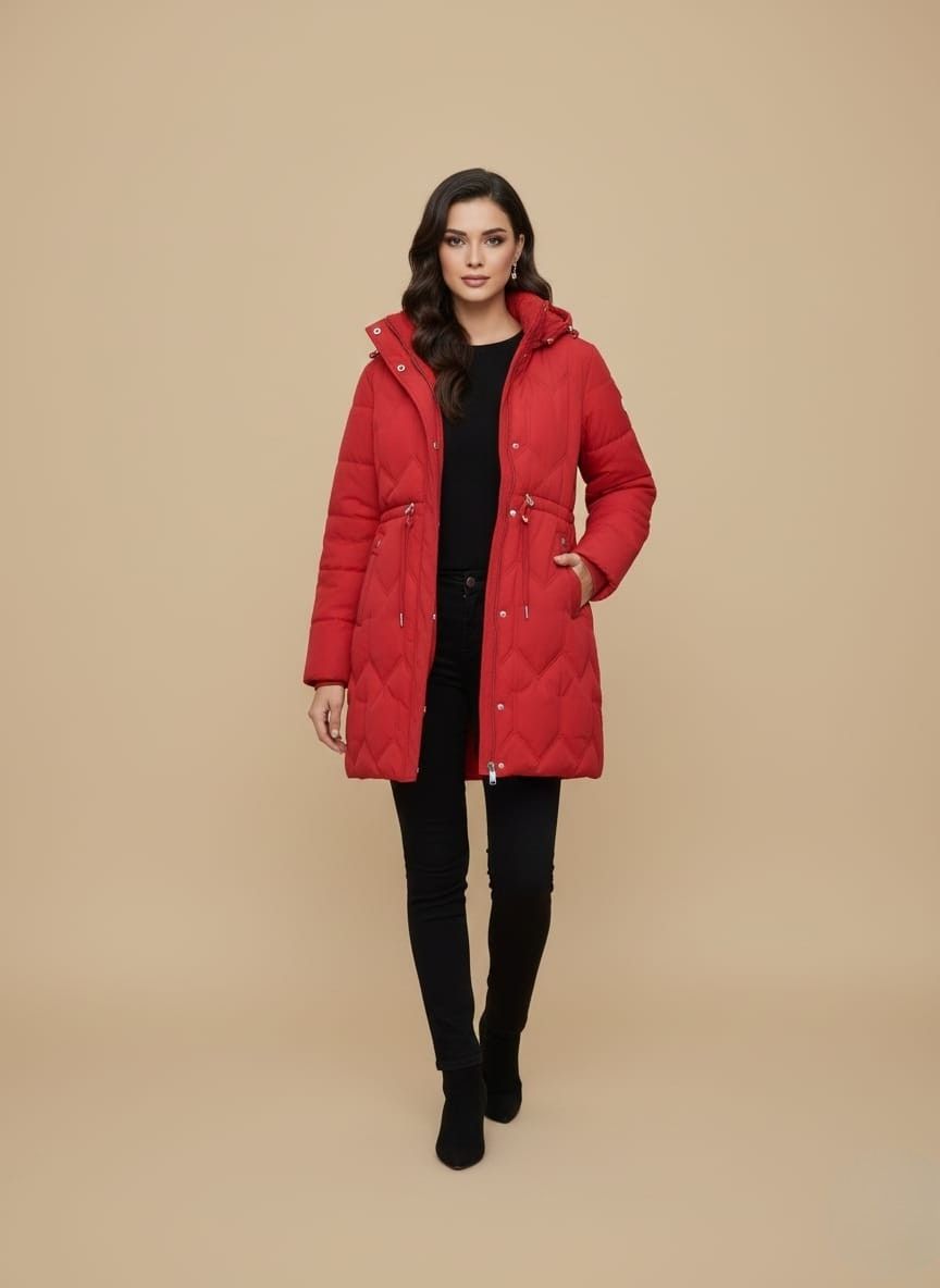 Women’s Quilted Hooded Red Winter Coat | Warm & Stylish Outerwear Red winter coat for women with hood, quilted design, long sleeves, and adjustable waist.