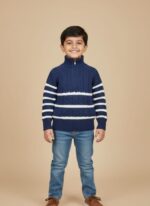 mage of a navy blue, quarter-zip, $\text{cable-knit sweater}$ with thick white horizontal stripes on the body and sleeves.