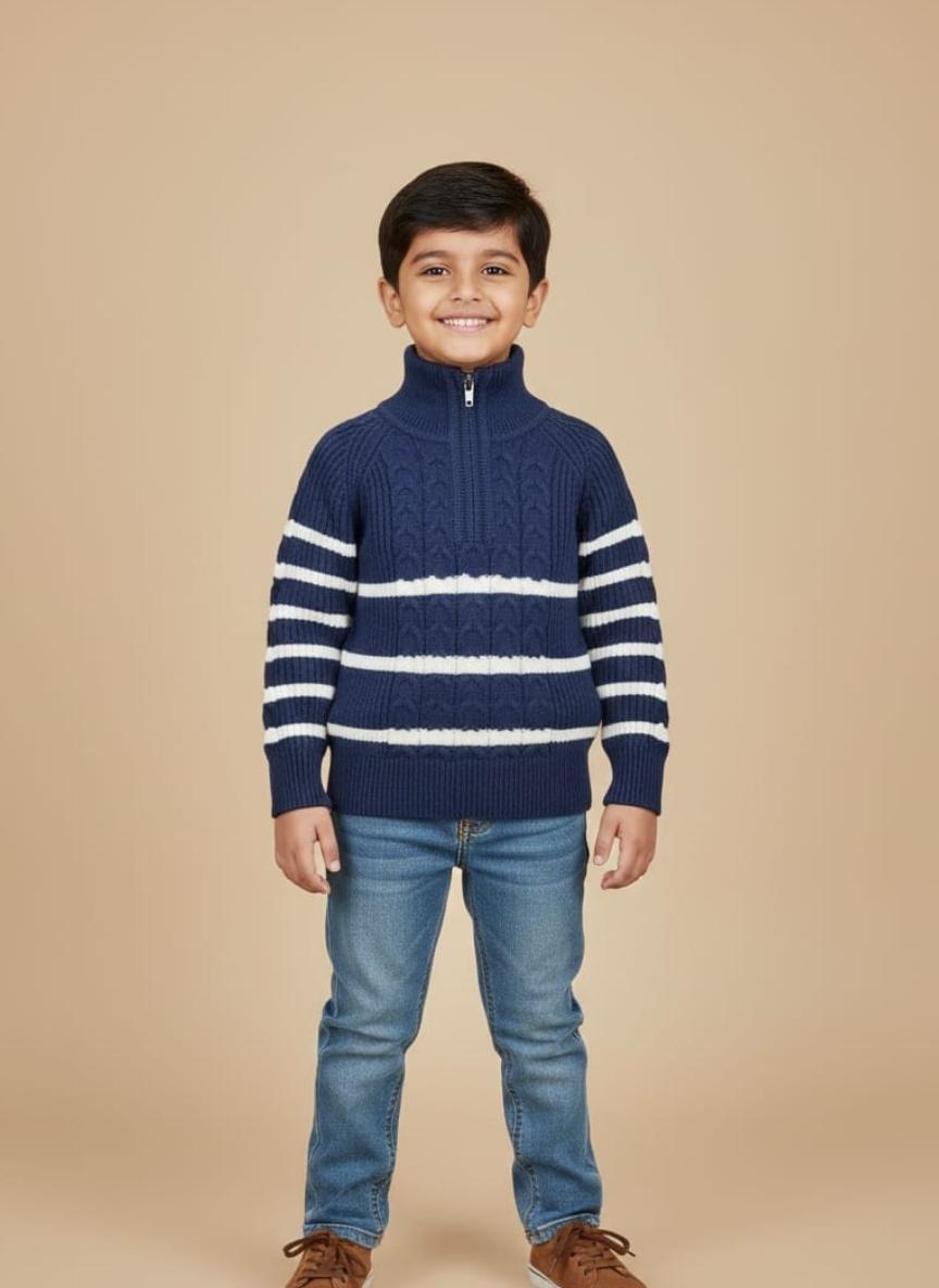 Navy Stripe Quarter-Zip $text{Cable-Knit Sweater} mage of a navy blue, quarter-zip, $\text{cable-knit sweater}$ with thick white horizontal stripes on the body and sleeves.