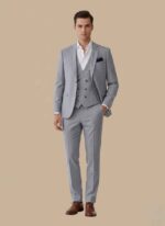 Light gray three-piece stitched formal set for men Light brown men’s formal coat waistcoat and trousers Winter wear men’s tropical fabric formal outfit Classic men’s three-piece formal attire Elegant stitched formal set for men in winter 3pc formal set for men in Pakistan