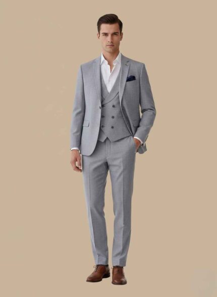 Light gray three-piece stitched formal set for men Light brown men’s formal coat waistcoat and trousers Winter wear men’s tropical fabric formal outfit Classic men’s three-piece formal attire Elegant stitched formal set for men in winter 3pc formal set for men in Pakistan
