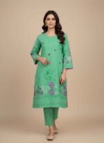 Women's light green 2 piece cotton suit with pink floral hand painting.Detailed view of handcrafted floral art on a light green cotton kameez.Pakistani artisan hand painted cotton suit for women in light green.Casual wear hand painted cotton shirt and trouser set in Pakistan.Close up of hand painted purple flower motifs on cotton fabric.hand painted cotton suit pakistan