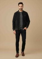 Front view of Gelani's black wool jacket for men showing zipper detail. Close-up of stitched mix wool fabric on a men's winter jacket. Full-length view of a black stitched jacket for men in size XL. Gelani's winter collection wool jacket for men in classic black. Side view of a men's wool jacket featuring functional pockets and ribbed cuffs. wool jacket for men