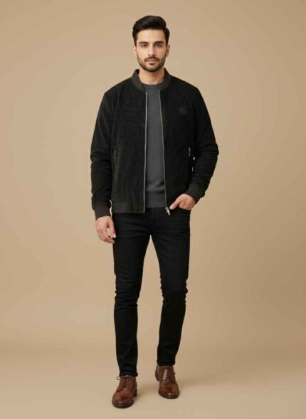 Front view of Gelani's black wool jacket for men showing zipper detail. Close-up of stitched mix wool fabric on a men's winter jacket. Full-length view of a black stitched jacket for men in size XL. Gelani's winter collection wool jacket for men in classic black. Side view of a men's wool jacket featuring functional pockets and ribbed cuffs. wool jacket for men