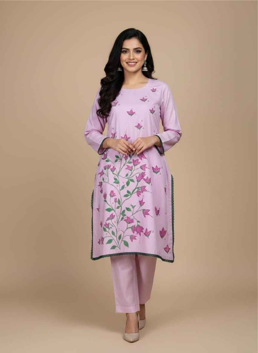 Women's baby pink 2 piece hand painted cotton suit with floral artClose-up of hand-painted magenta flowers on cotton shirt fabricElegant baby pink cotton suit for women with green lace borderArtisan made hand painted 2 piece ethnic wear for ladies PakistanTraditional Pakistani hand painted floral suit in soft baby pink2 pc hand painted cotton suit Pakistan