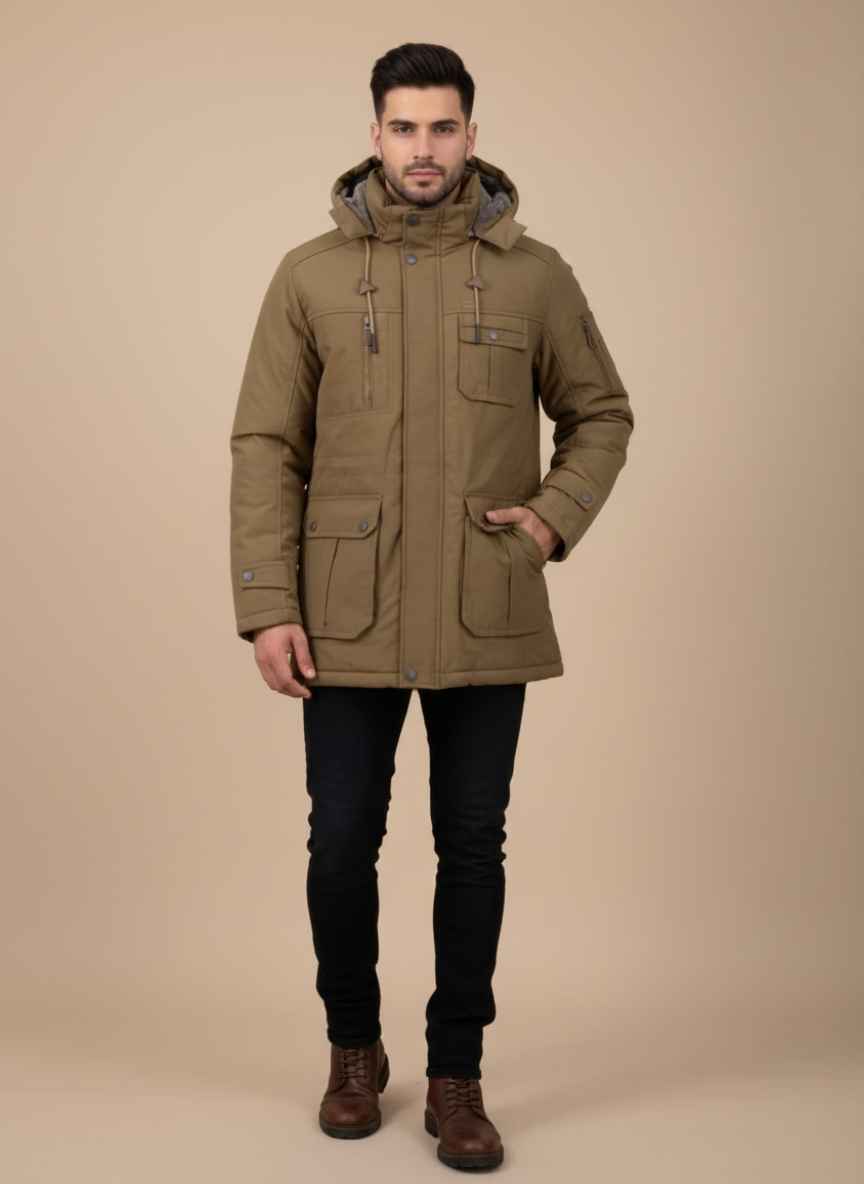 Front view of a brown fleece jacket for men with four front pockets. Stitched winter jacket for men with a fur-lined hood in brown color. Close-up of the zipper and button detail on a male fleece winter coat. Jacket brand brown fleece outerwear for men showing cargo pockets. Warm stitched fleece jacket for men suitable for Pakistan winter season. fleece jacket for men