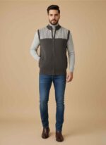 Main Image: Front view of Gelani's dark brown sweater for men with full zipper and stitched patterns. Brand Detail: Close-up of Climax Knitwear label on the high-neck collar of the dark brown wool vest. Pattern View: Detailed vertical and horizontal stitched pinstripes on the front of the men's winter sweater. Pocket Detail: Side-entry pockets with dark contrast trim on the dark brown sleeveless wool vest. Texture Shot: High-quality wool knit texture and ribbed hem of the men's dark brown winter sweater. dark brown sweater for men