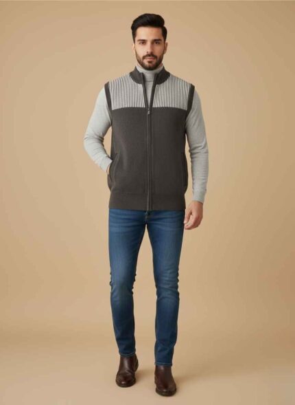 Main Image: Front view of Gelani's dark brown sweater for men with full zipper and stitched patterns. Brand Detail: Close-up of Climax Knitwear label on the high-neck collar of the dark brown wool vest. Pattern View: Detailed vertical and horizontal stitched pinstripes on the front of the men's winter sweater. Pocket Detail: Side-entry pockets with dark contrast trim on the dark brown sleeveless wool vest. Texture Shot: High-quality wool knit texture and ribbed hem of the men's dark brown winter sweater. dark brown sweater for men