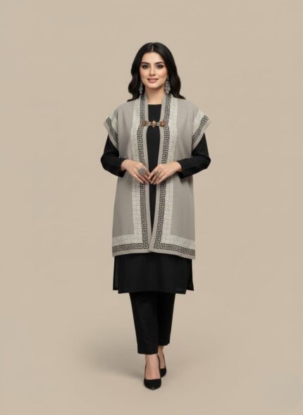 Maroon women cap shawl with geometric border, knit cape-style winter wrap.