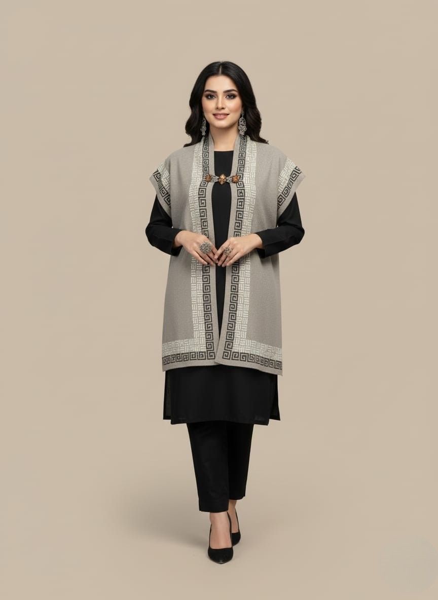 Maroon Women Cap Shawl – Stylish Winter Cape with Geometric Border Maroon women cap shawl with geometric border, knit cape-style winter wrap.