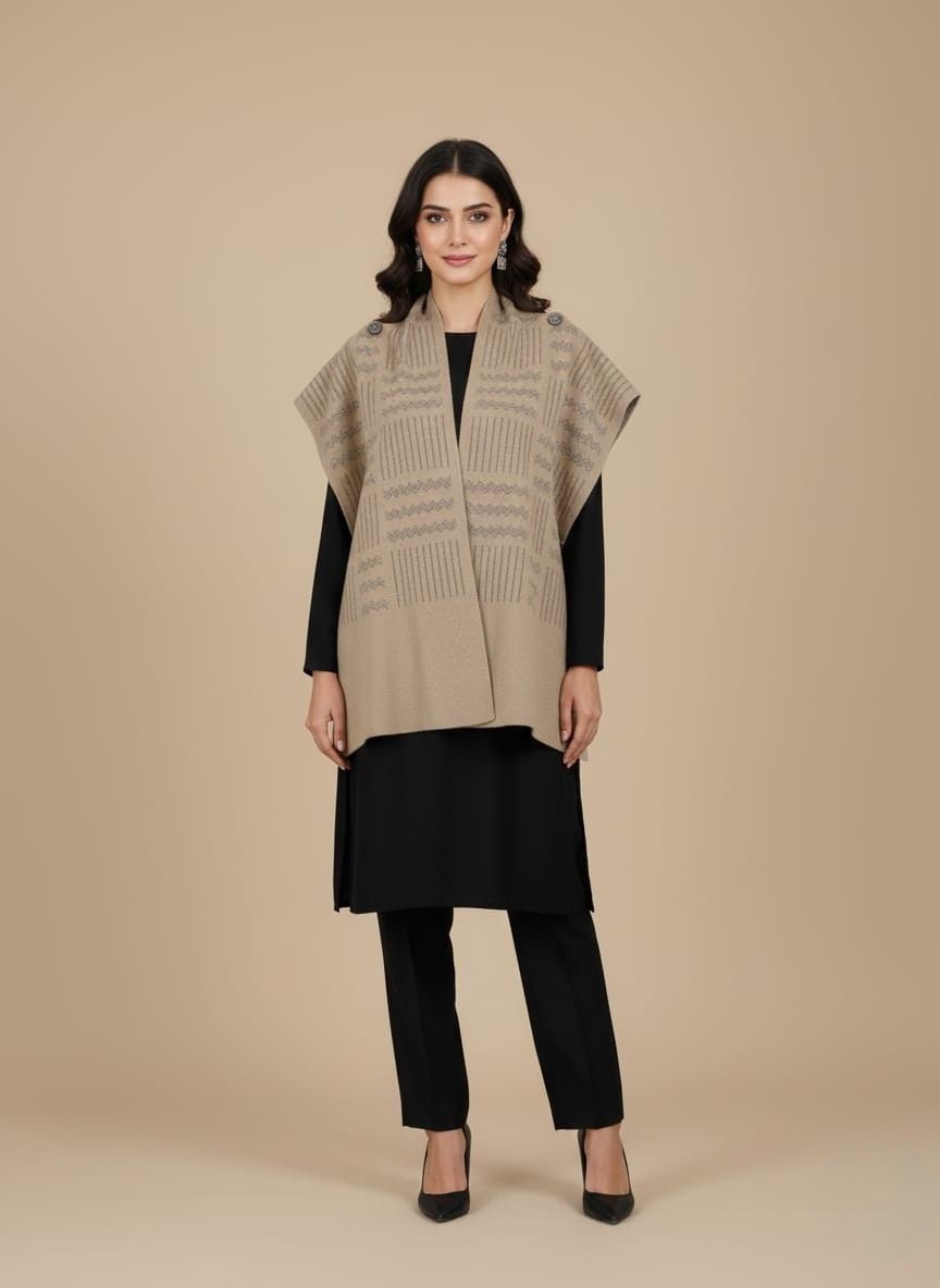 Beige Women Sweater Shawl – Stylish Winter Sleeveless Knit Wrap for Women Beige women sweater shawl worn over black dress, sleeveless knit wrap for winter layering.