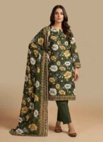 Main Image: Gelani's green 3pc Unstitched Khaddar Suit featuring floral printed shirt and plain trousers. Fabric Detail: Close-up of floral print on green winter khaddar fabric. Full Set View: Unstitched 3-piece khaddar suit layout including dupatta and plain green trousers. Pattern View: Detailed cream and gold floral motifs on deep green khaddar base. Branding Shot: Premium unstitched winter collection by Gelani's featuring green floral patterns. 3pc Unstitched Khaddar Suit