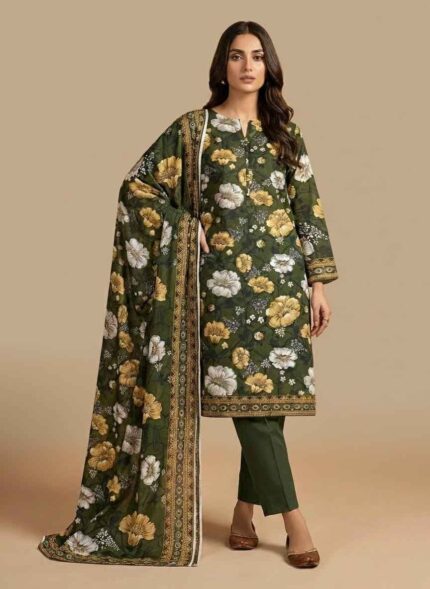 Main Image: Gelani's green 3pc Unstitched Khaddar Suit featuring floral printed shirt and plain trousers. Fabric Detail: Close-up of floral print on green winter khaddar fabric. Full Set View: Unstitched 3-piece khaddar suit layout including dupatta and plain green trousers. Pattern View: Detailed cream and gold floral motifs on deep green khaddar base. Branding Shot: Premium unstitched winter collection by Gelani's featuring green floral patterns. 3pc Unstitched Khaddar Suit