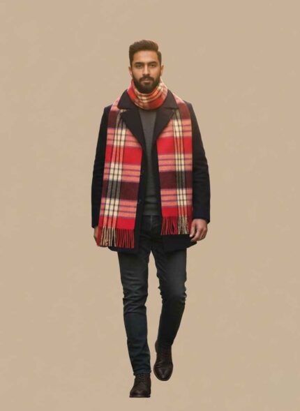 Main Image: Front view of Gelani's red checkered Muffler for Men with fringe details. Detail Image: Close-up of the high-quality wool fabric and plaid pattern of the red scarf. End View: Knotted fringe detail at the end of the red wool winter muffler. Folded Shot: Neatly folded red plaid muffler showing the thick wool texture. Lifestyle: Stylish red winter accessory for men displayed against a neutral background. Muffler for Men