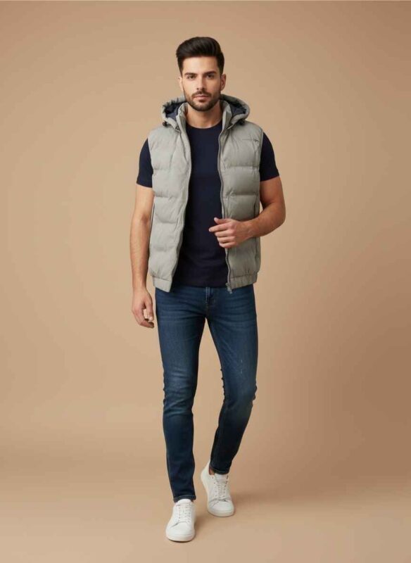 Main Image: Gelani's off white jacket for men featuring a sleeveless parachute puffer design and detachable hood. Back View: Rear view of the off-white quilted puffer vest showing horizontal pinstripe stitching. Detail Shot: Close-up of the high-quality parachute fabric and front zipper of the men's winter jacket. Hood Detail: Adjustable drawstring hood on the off-white sleeveless puffer jacket for winter. Pocket View: Secure side-entry zipper pocket on the stitched parachute vest for men. off white jacket for men