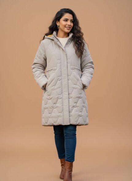 Pakistani model in a long, light skin diamond Quilted Winter Coat, white sweater, and blue jeans, walking outdoors in autumn.