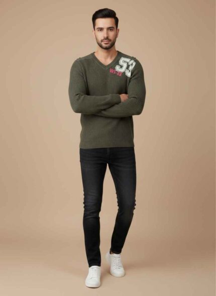 Gelani's charcoal gray ribbed v neck sweater for men in winter whool Olive green v neck whool sweater for men with stitched ribbed texture Men's winter stitched whool sweater in free size olive green color Close up of ribbed knit detail on a charcoal gray sweater for men Premium v neck winter sweater for men by Gelani's brand Pakistan ribbed v neck sweater for men