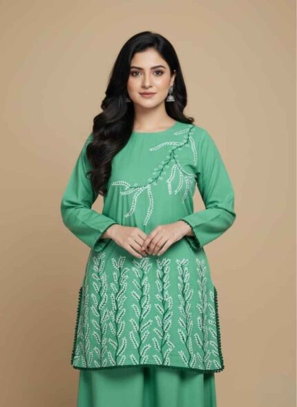 Women's green 2 piece hand painted cotton suit with white floral artClose-up of white hand-painted vine patterns on green cotton fabricFront view of green cotton shirt with dark green lace border and white artArtisan crafted hand painted 2 piece ethnic wear for ladies in PakistanGreen cotton trouser and shirt set with unique floral hand painting2 pc hand painted cotton suit Pakistan