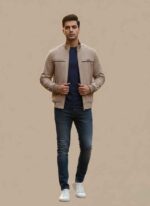 Main Image: Front view of Gelani's Wool Jacket for Men in skin color. Detail Shot: Close-up of the collar and chest stitching on the beige wool jacket. Texture Shot: Premium mix wool fabric texture of the men's winter coat. Feature Shot: Ribbed cuffs and waist hem on the skin-colored winter jacket. Context Shot: Plus-size Wool Jacket for Men isolated on a plain background. Wool Jacket for Men