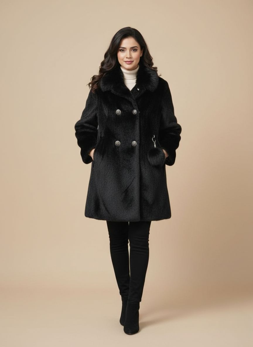 Elegant Burgundy Wool Coat with Fur Collar & Brooch Detail Women's burgundy wool coat with fur collar, featuring a reddish-brown faux fur collar fastened with a white brooch and decorative white buttons on the front flaps