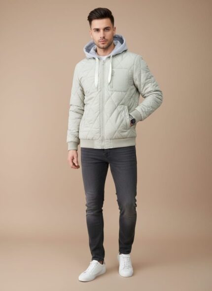 Close-up of a light green or sage-colored men's Quilted Bomber Jacket with a grey hooded insert, front zipper closure, and diamond pattern quilting.