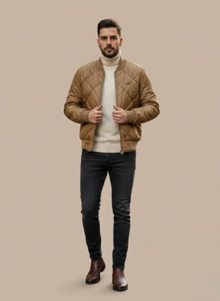 A premium brown Men's Quilted Bomber Jacket by Zegna, showing the diamond-quilted pattern, ribbed collar and cuffs, and full-zip front closure