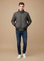 Dark gray Men's Quilted Jacket with diamond quilting, full zipper, stand collar, and ribbed cuffs/hem.