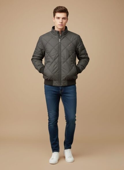 Dark gray Men's Quilted Jacket with diamond quilting, full zipper, stand collar, and ribbed cuffs/hem.