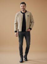 7. Light beige textured Men's Bomber Jacket with black ribbed collar, cuffs, and hem, featuring a full front zip and two black zippered side pockets