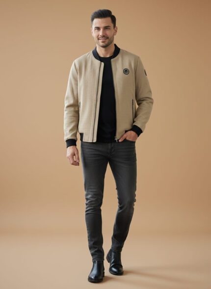 7. Light beige textured Men's Bomber Jacket with black ribbed collar, cuffs, and hem, featuring a full front zip and two black zippered side pockets