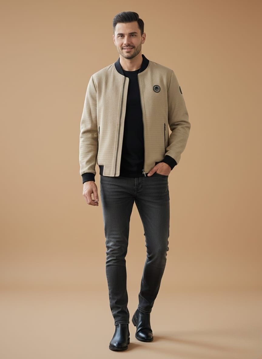 7. Light beige textured Men's Bomber Jacket with black ribbed collar, cuffs, and hem, featuring a full front zip and two black zippered side pockets