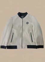 Classic Beige Men's Bomber Jacket with Black Trim and Zip Pockets - Image 2